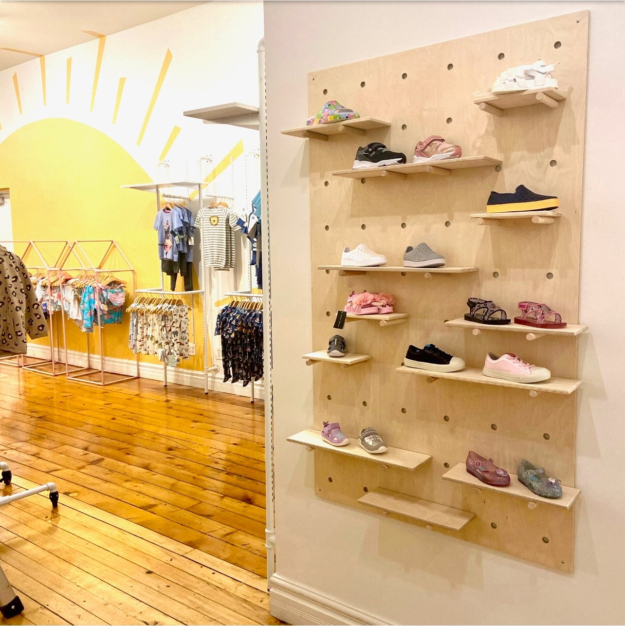 Modern Wooden Pegboard Wall Modular Floating Shelves for Playroom Gym or Retail Display Multiple Heights and Widths – handmade plywood display product