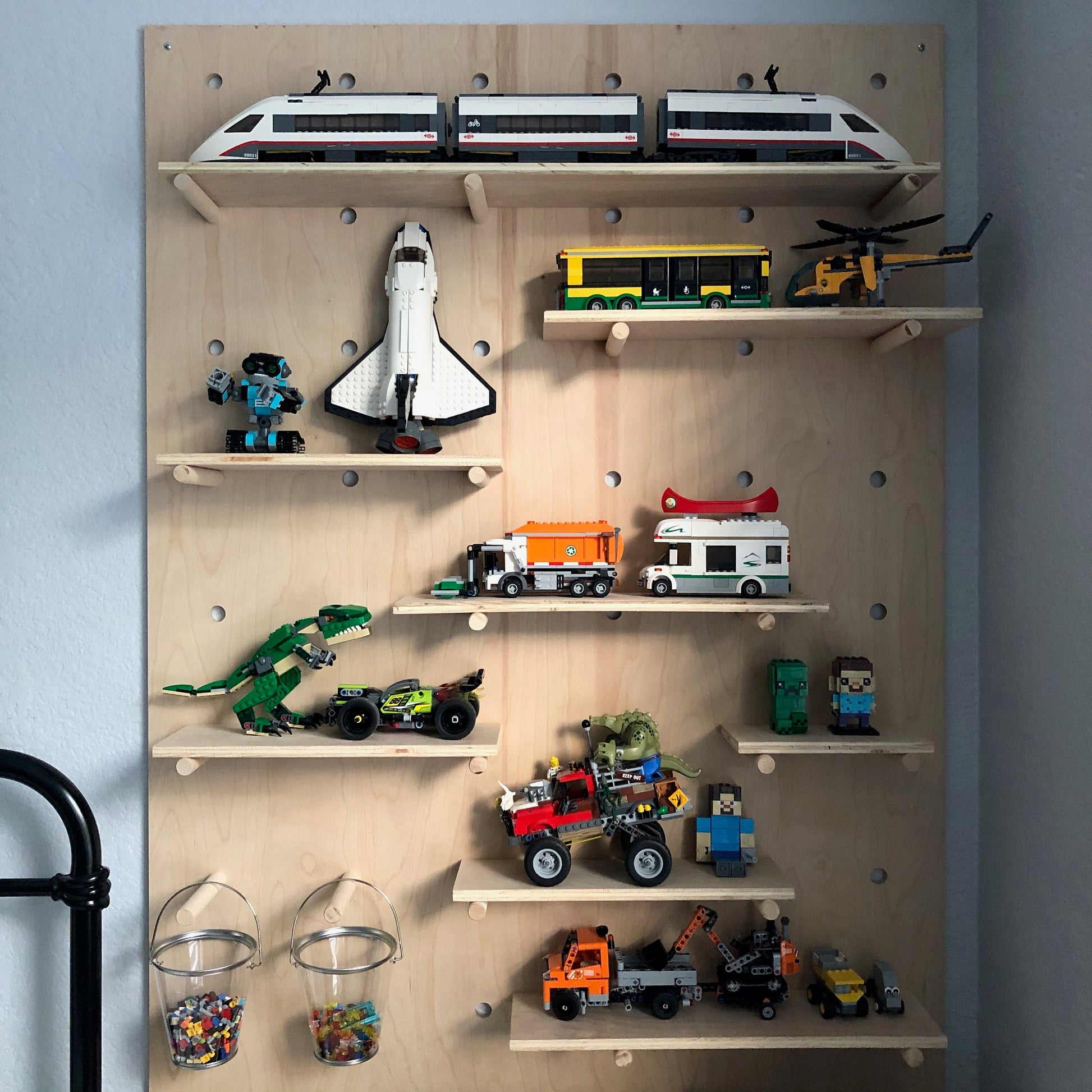 Modern Wooden Pegboard Wall Modular Floating Shelves for Playroom Gym or Retail Display  Multiple Heights and Widths