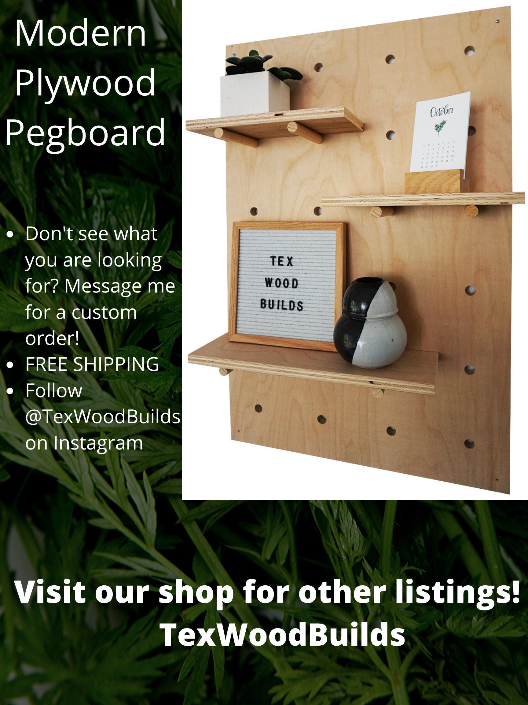 30x18 Modern Pegboard with Stand, 3 Shelves and 9 Pegs