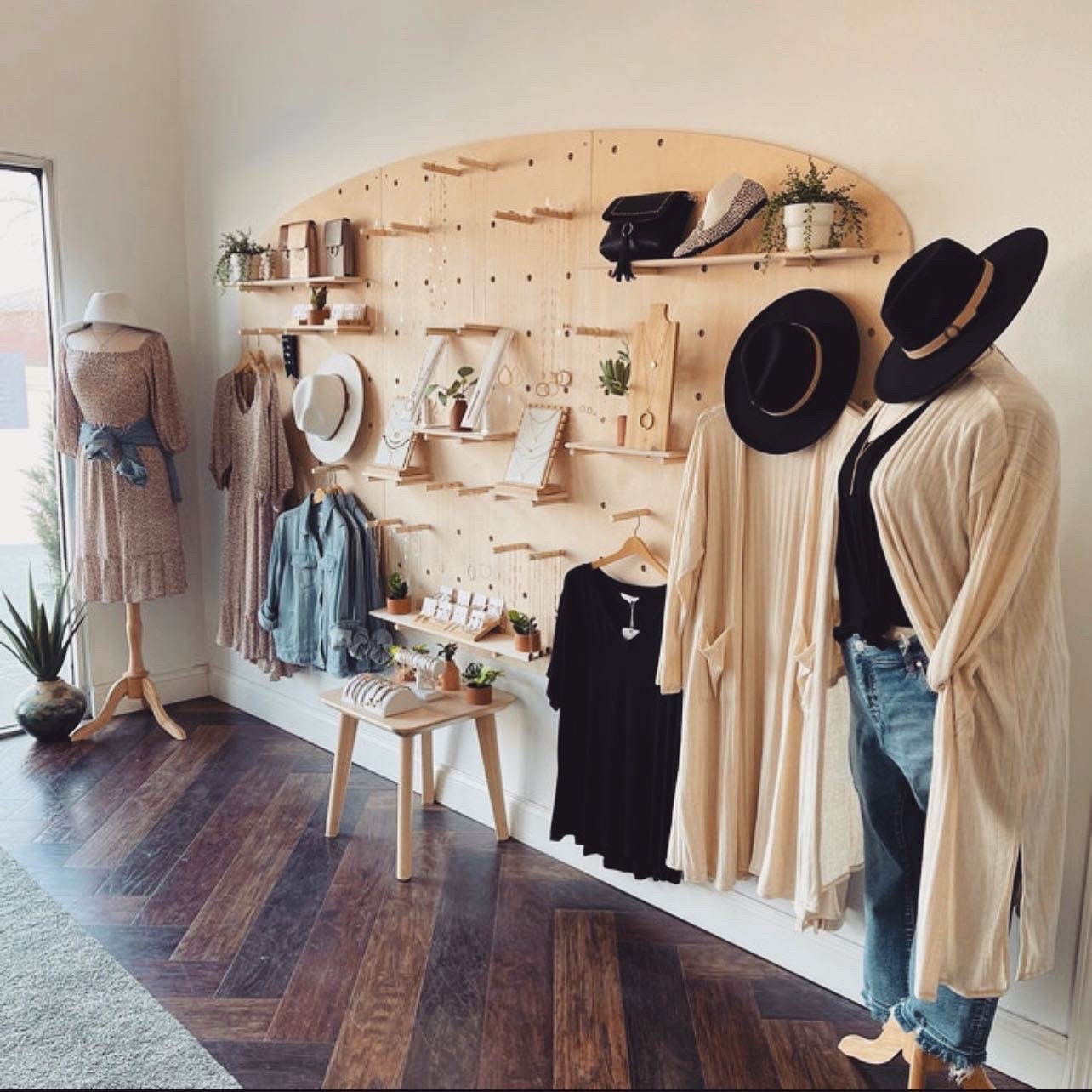 Retail Wooden Pegboard Display – Arched Top Merchandising Stand w/ Adjustable Shelves