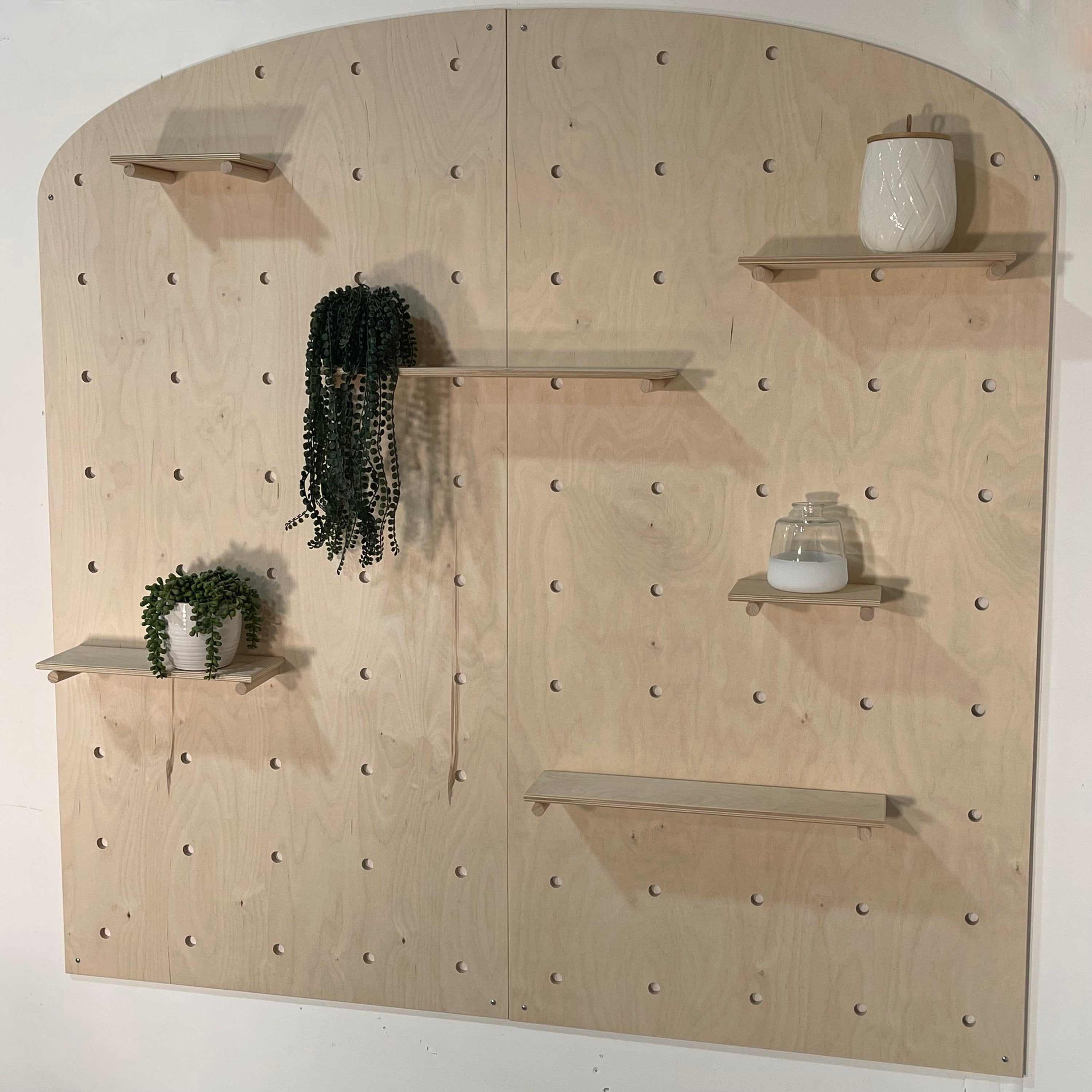 Retail Wooden Pegboard Display – Arched Top Merchandising Stand w/ Adjustable Shelves