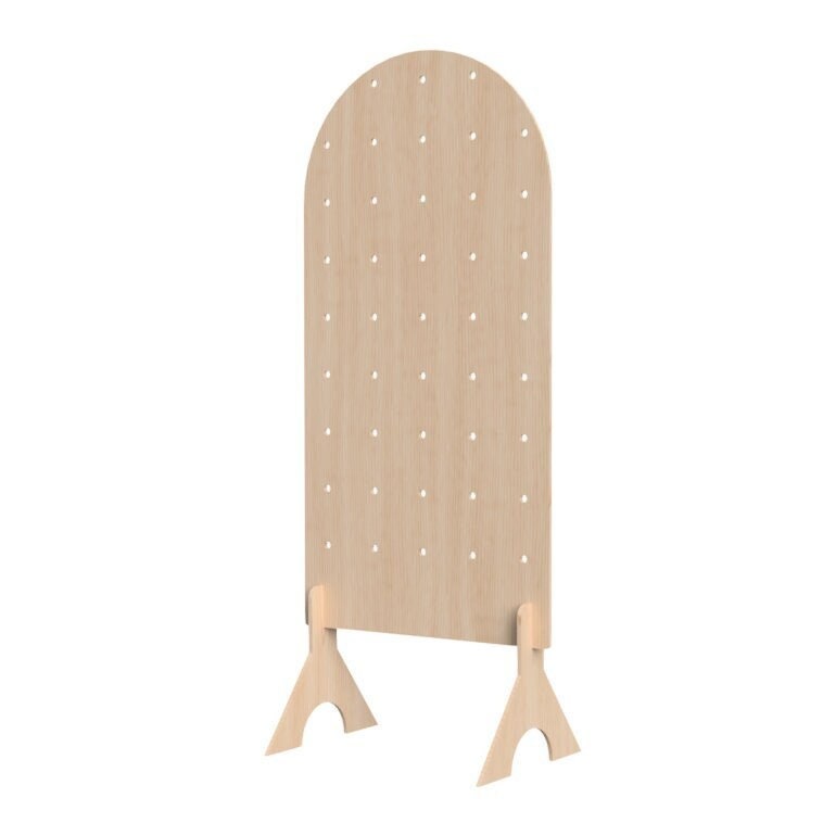Freestanding curved arch-top birch plywood pegboard with removable feet, CNC cut in our shop, for pop-ups, boutiques and retail displays
