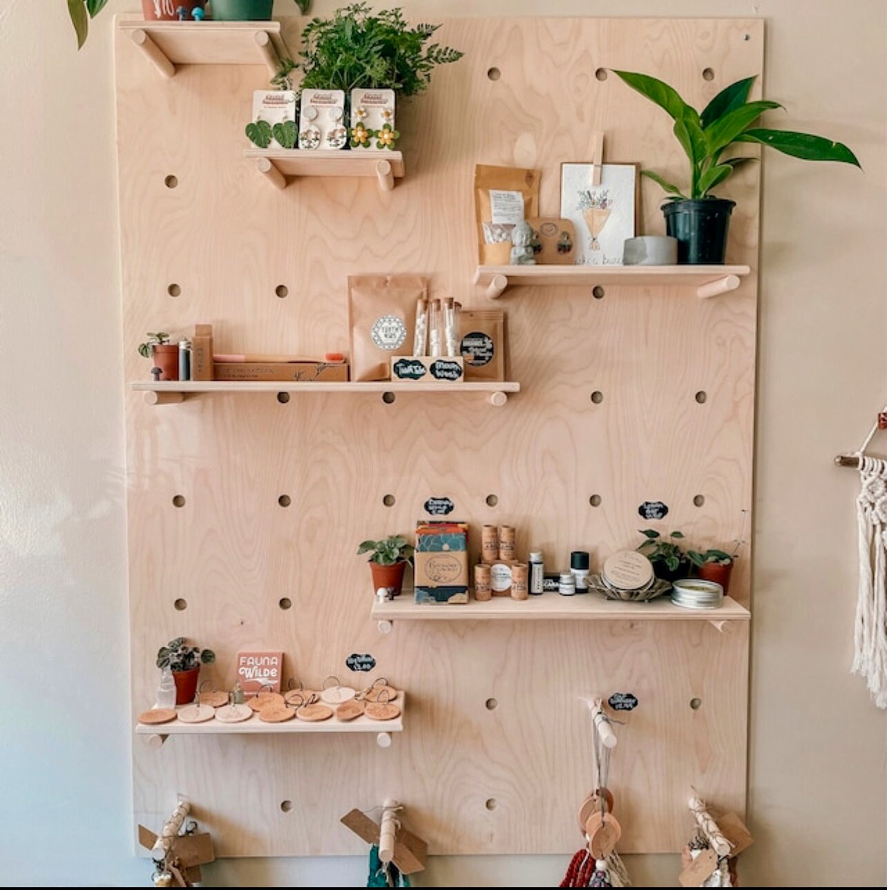 Modern Wooden Pegboard Wall Modular Floating Shelves for Playroom Gym or Retail Display  Multiple Heights and Widths