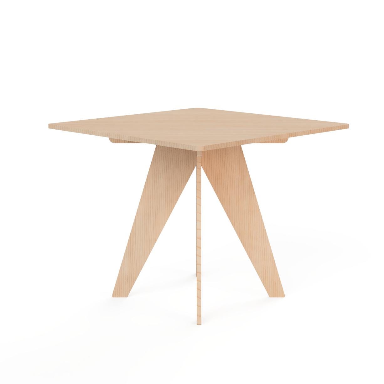 Square wood product display table riser with V-shaped legs, alternate view, CNC cut in our shop