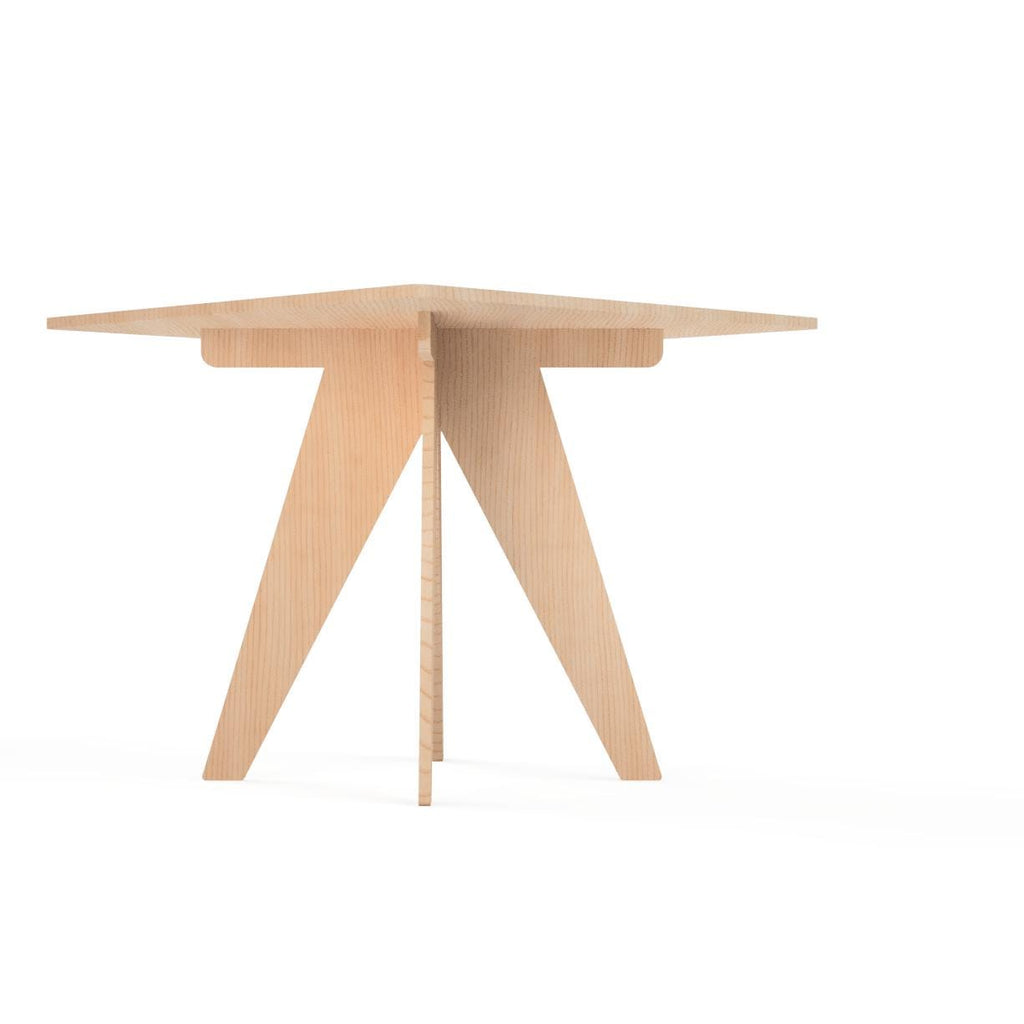 Birch plywood square display table with V legs, detail view, CNC cut in our shop
