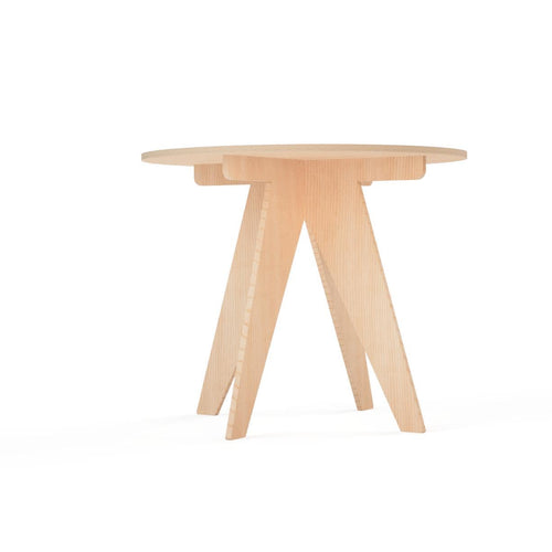 Round wood product display table riser with V-shaped legs, alternate view, CNC cut in our shop