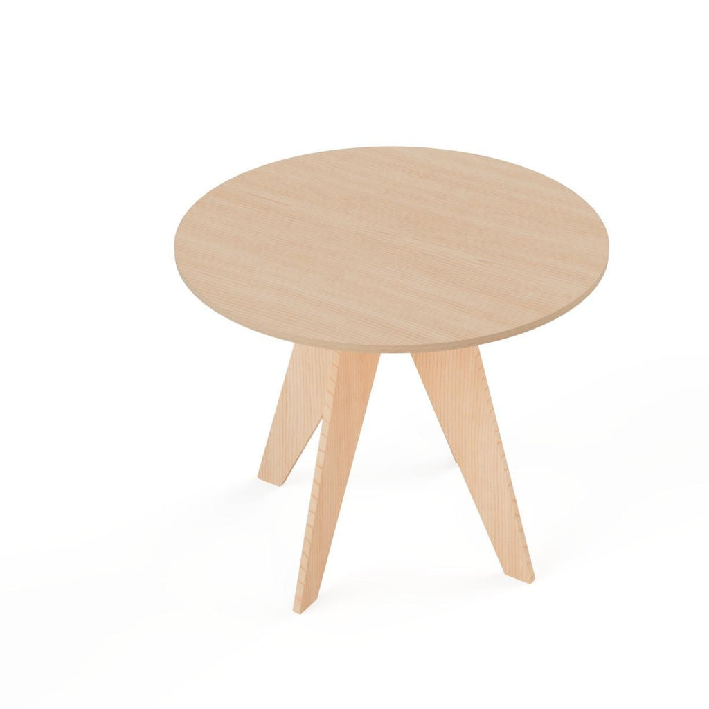 Birch plywood round display table with V legs, detail view, CNC cut in our shop