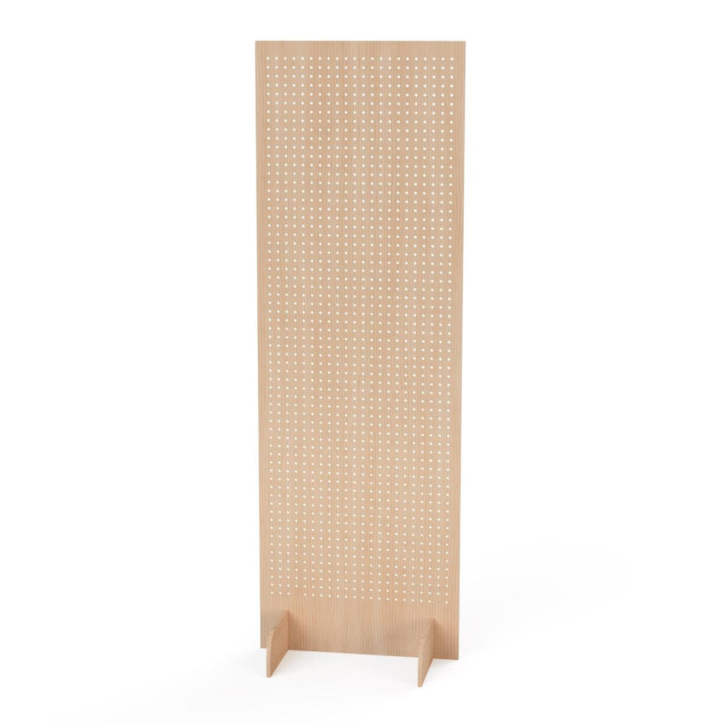 Pop up plywood display stand compatible with metal peg hooks, alternate view, CNC cut in our shop