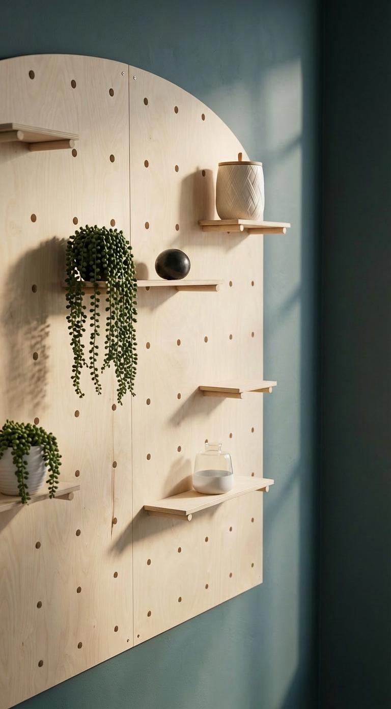Arched birch plywood pegboard display in vendor booth setting, CNC cut in our shop