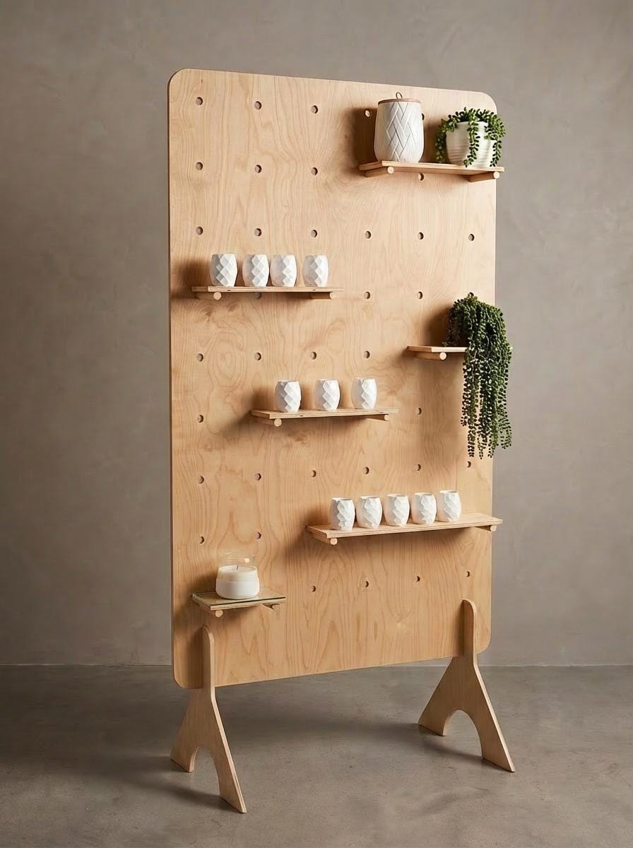 Freestanding birch plywood pegboard display with adjustable shelves and hooks, CNC cut in our shop — updated hero photo
