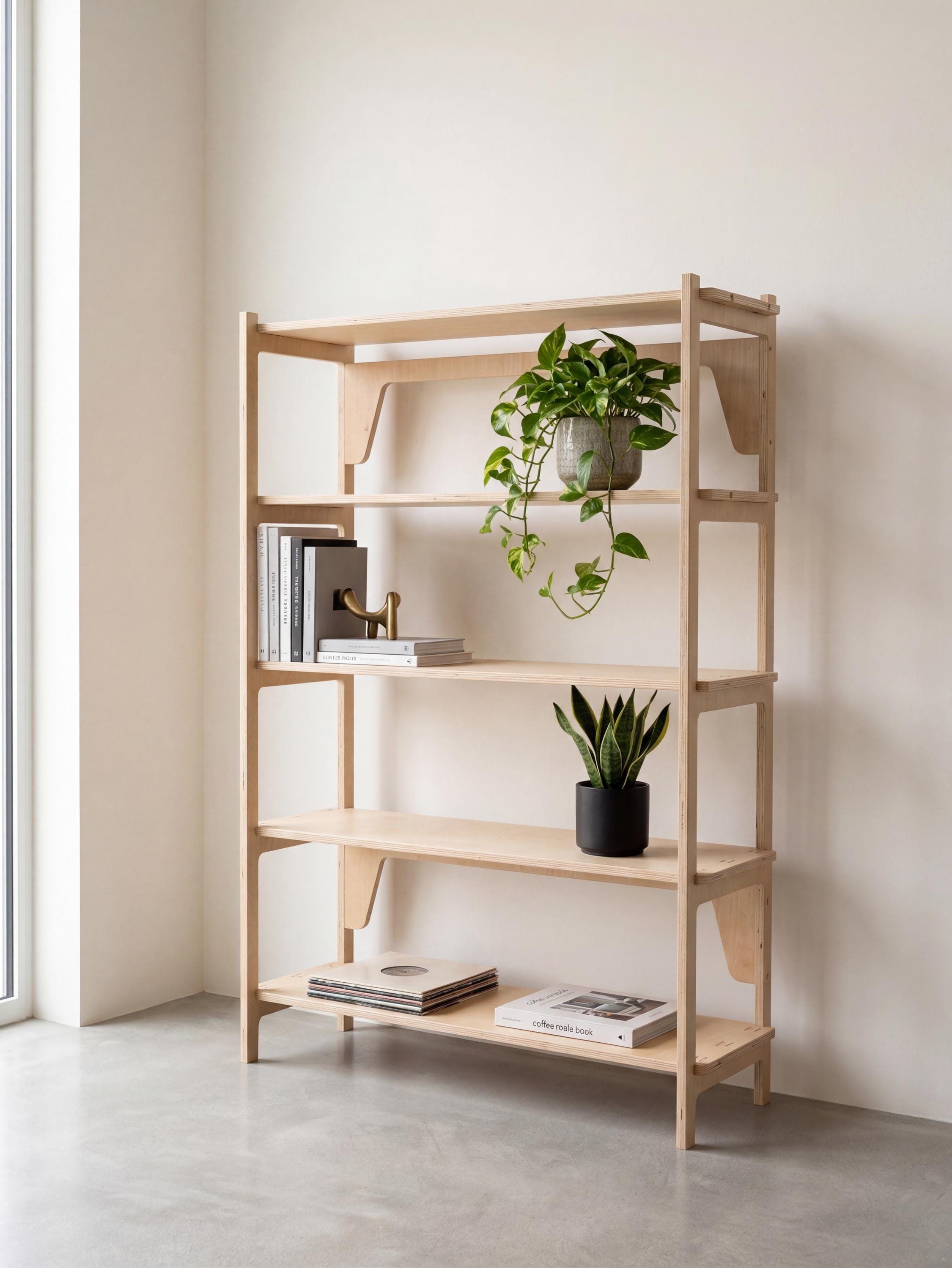 Collapsible plywood bookshelf display for craft fairs and markets, updated hero photo, CNC cut in our shop