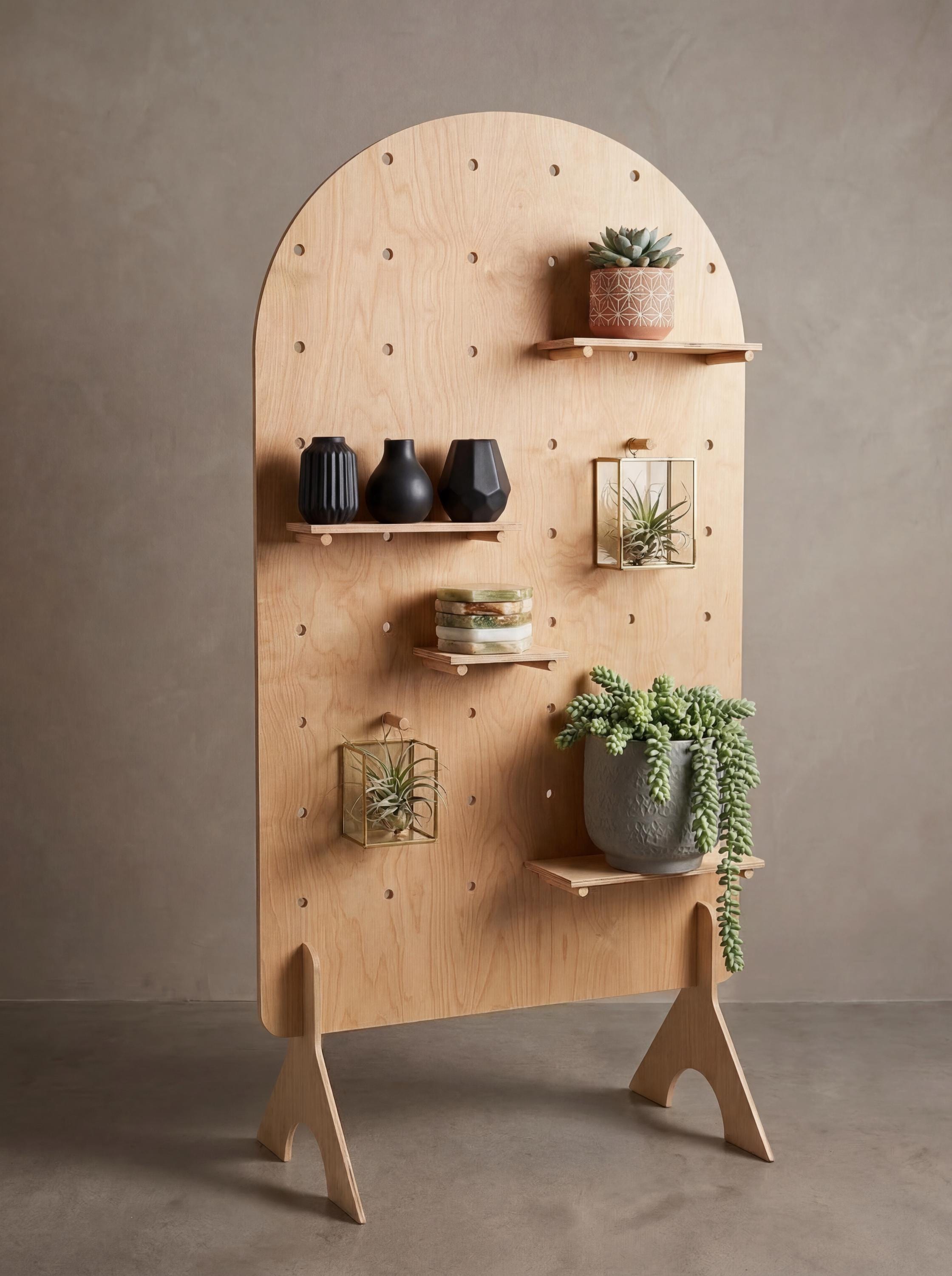 Freestanding curved top birch plywood pegboard display, updated hero photo, CNC cut in our shop