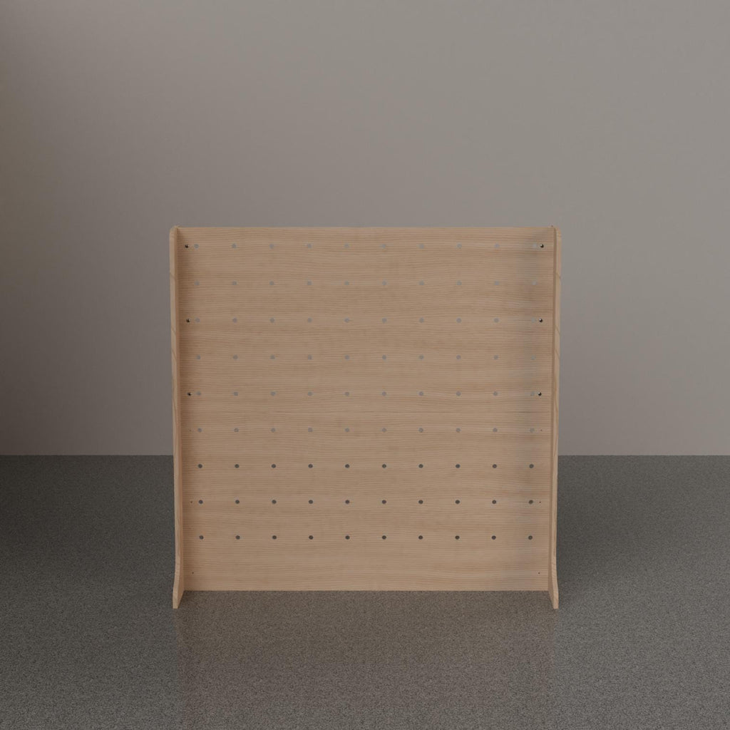Birch plywood pegboard wall display panel with peg holes, product view, CNC cut in our shop