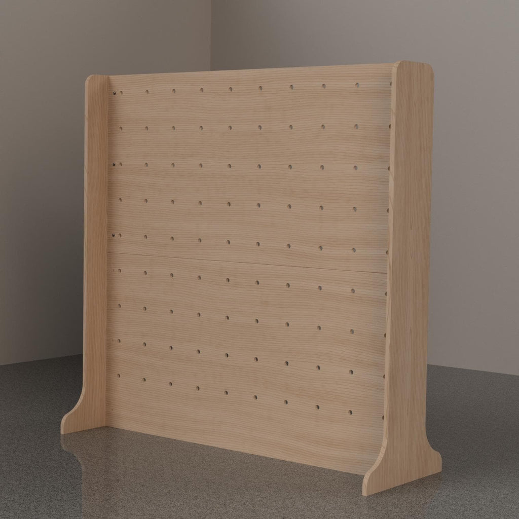 Modern pegboard wall display for craft and trade shows, detail view, CNC cut in our shop