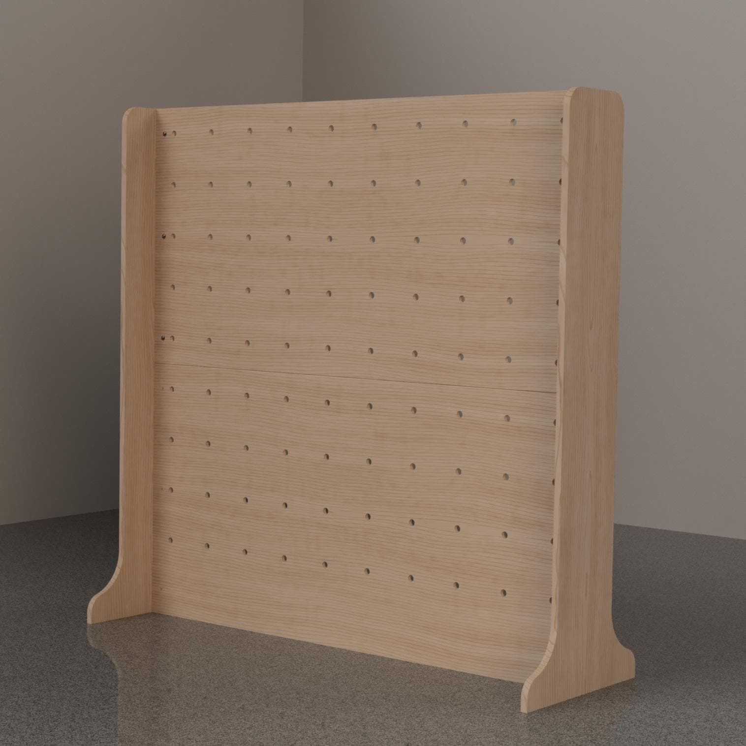 Modern pegboard wall display for craft and trade shows, detail view, CNC cut in our shop