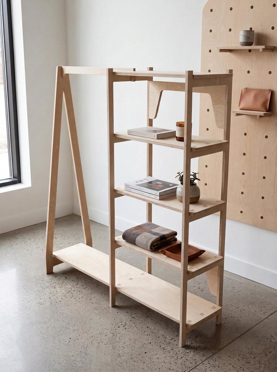 Birch plywood clothing rack with shelves styled for boutique pop-up, CNC cut in our shop