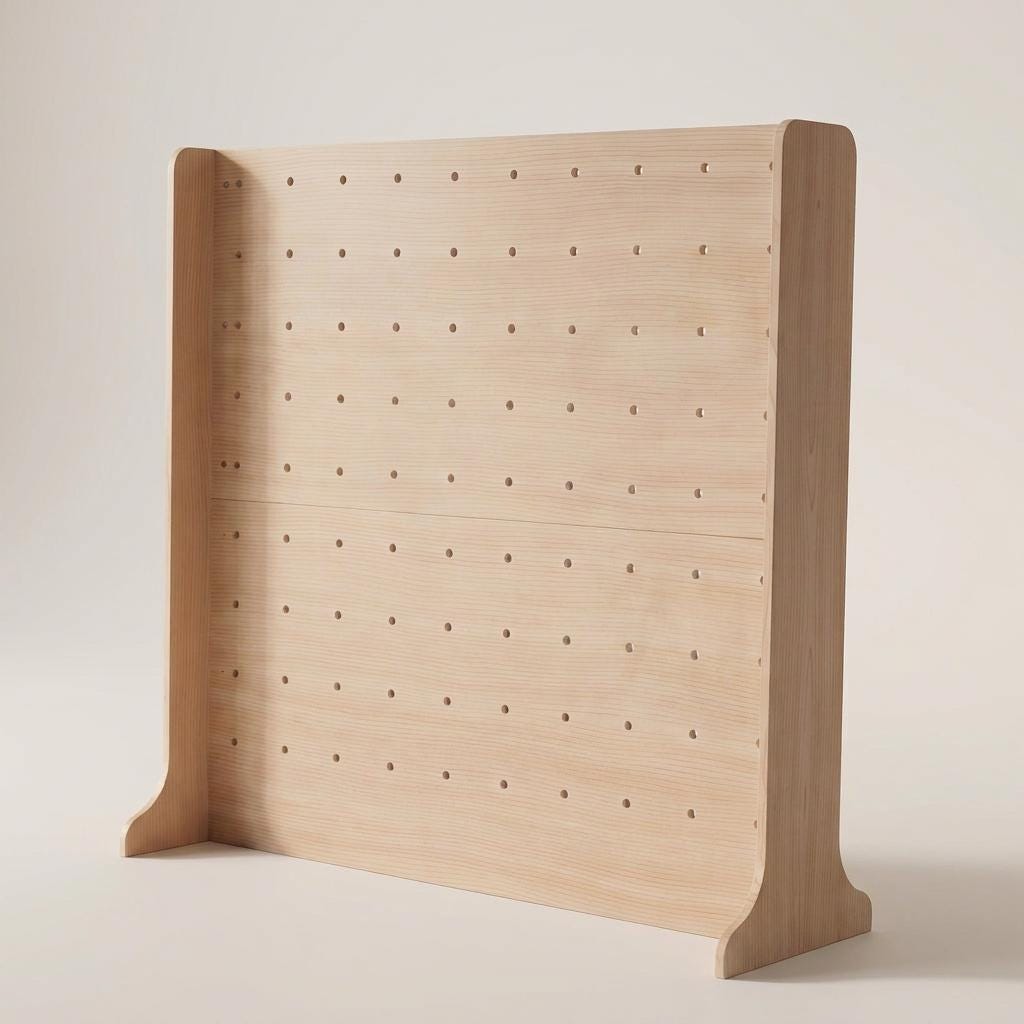 Freestanding birch plywood pegboard wall display for retail booths and trade shows, CNC cut in our shop