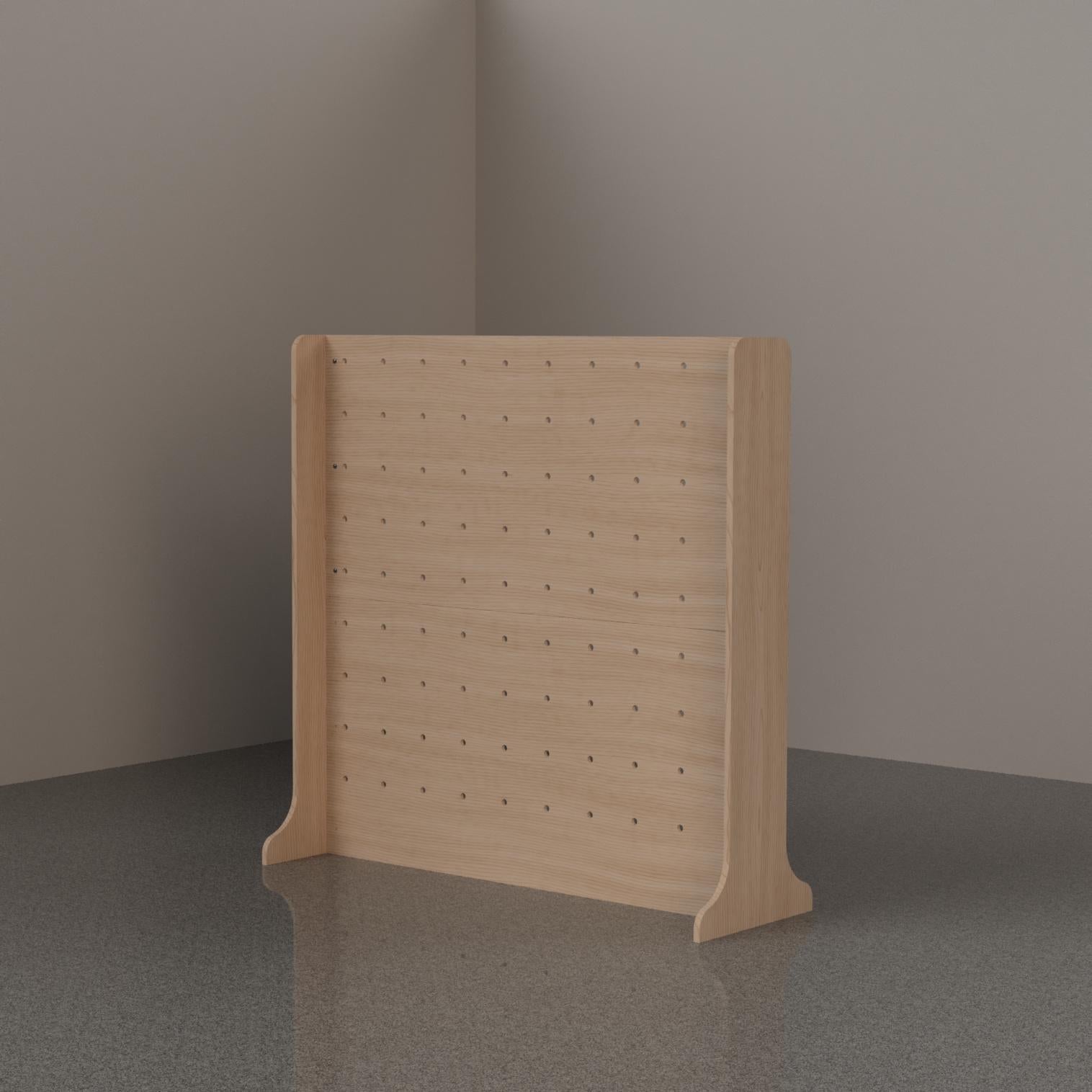 Portable plywood pegboard wall display, alternate angle, CNC cut in our shop