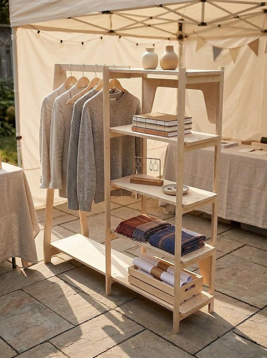 Flat pack wood clothing rack and shelf display, additional view, CNC cut in our shop