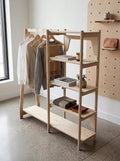 Flat pack birch plywood clothing rack with shelves, updated product photo, CNC cut in our shop