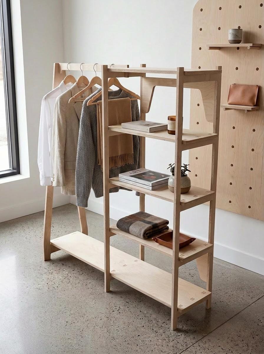 Flat pack birch plywood clothing rack with shelves, updated product photo, CNC cut in our shop
