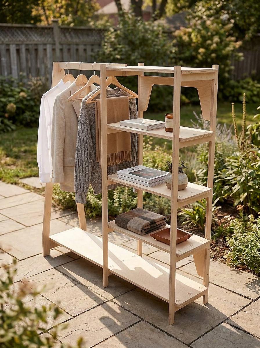 Plywood clothing rack and bookshelf combo retail display, alternate view, CNC cut in our shop