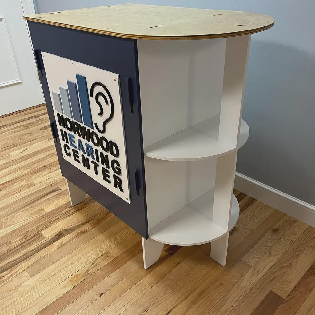 Rounded end birch plywood kiosk counter for pop-ups and boutiques, additional view, CNC cut in our shop