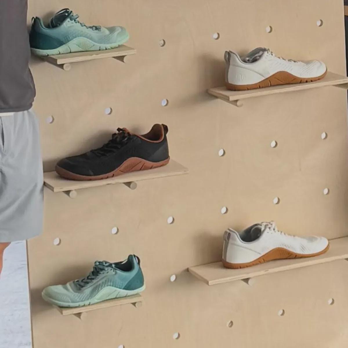 Birch plywood modular wall pegboard with floating shelves and pegs, product view, CNC cut in our shop