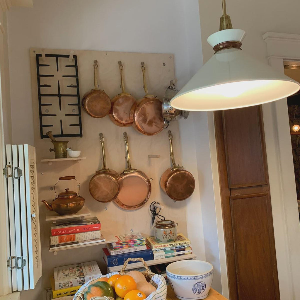 Modern birch plywood wall pegboard with modular floating shelves, styled retail display, CNC cut in our shop
