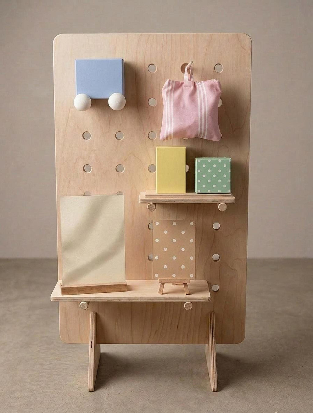 Birch plywood table top pegboard organizer, product view, CNC cut in our shop