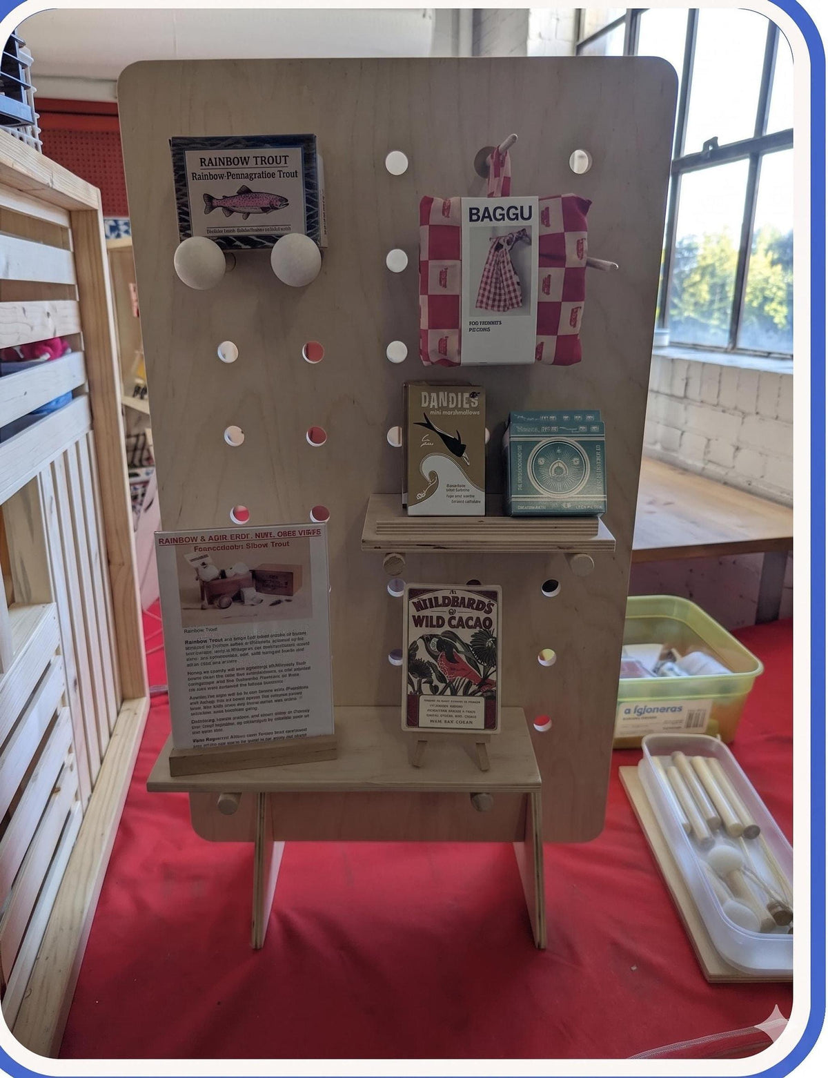 Table top pegboard display stand, additional styled view, CNC cut in our shop