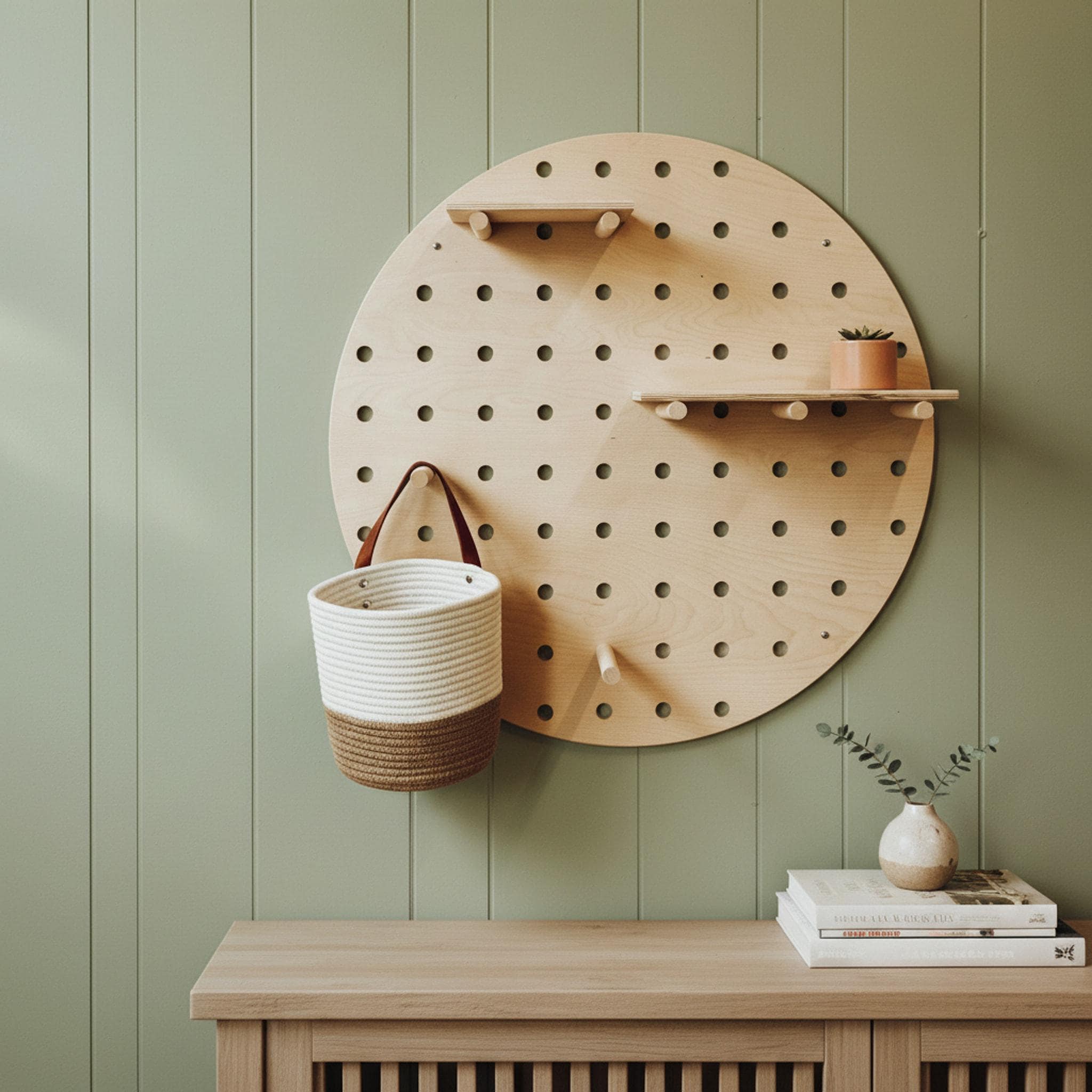 Circle birch plywood pegboard with shelves, alternate angle, CNC cut in our shop