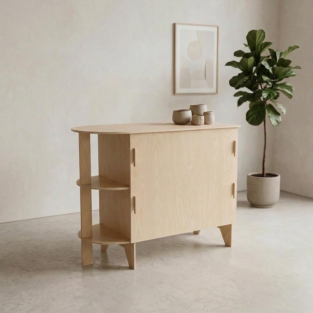 Flat pack birch plywood kiosk counter with rounded display end, updated hero photo, CNC cut in our shop