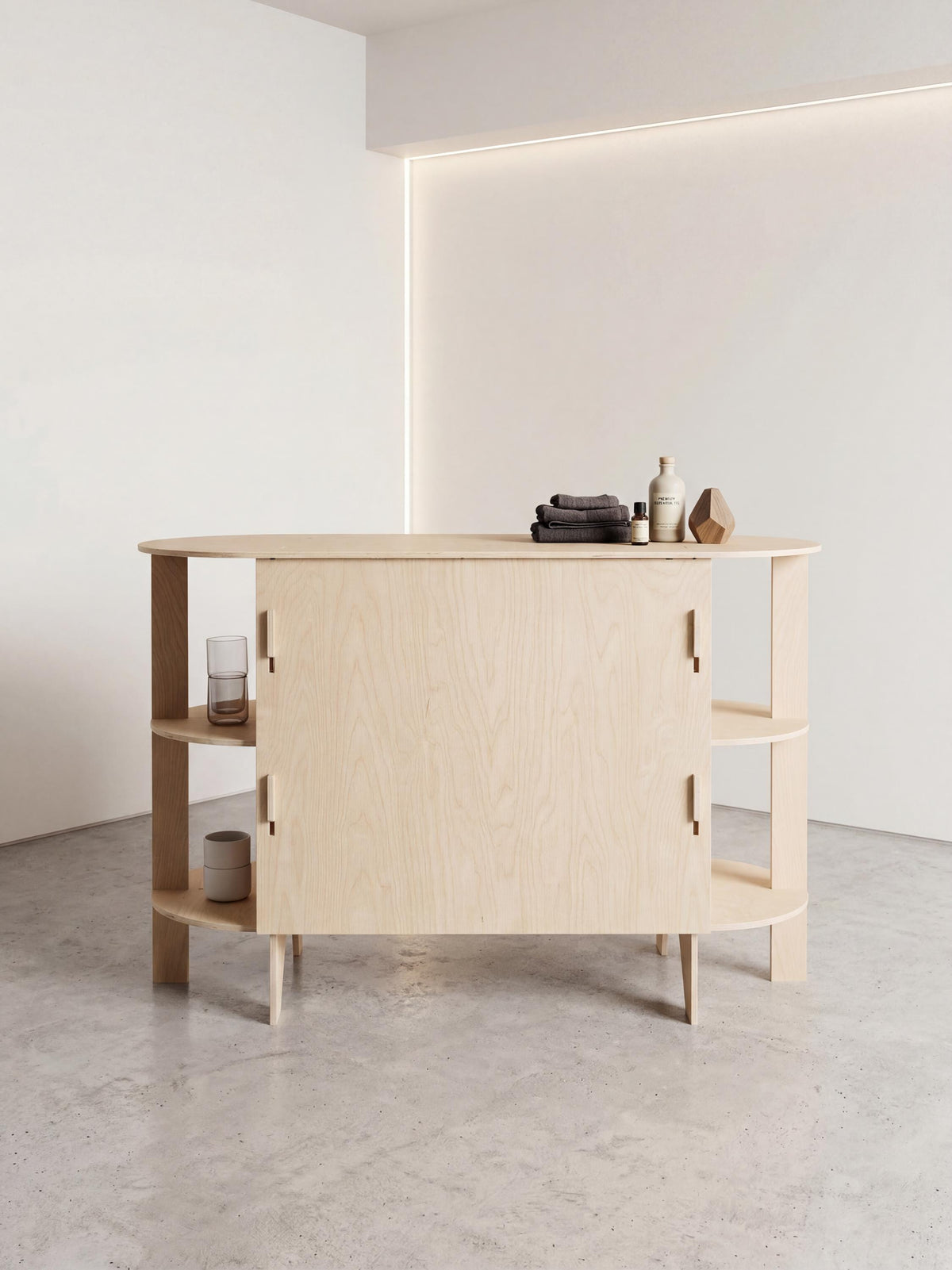 Portable birch plywood coffee cart and mobile bar counter kiosk with double rounded ends, updated hero photo, CNC cut in our shop
