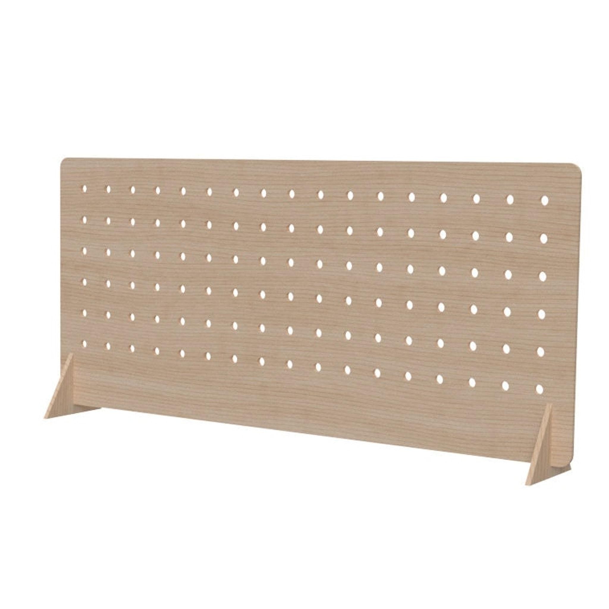 Tabletop pegboard stand with shelves styled for retail booth, CNC cut in our shop