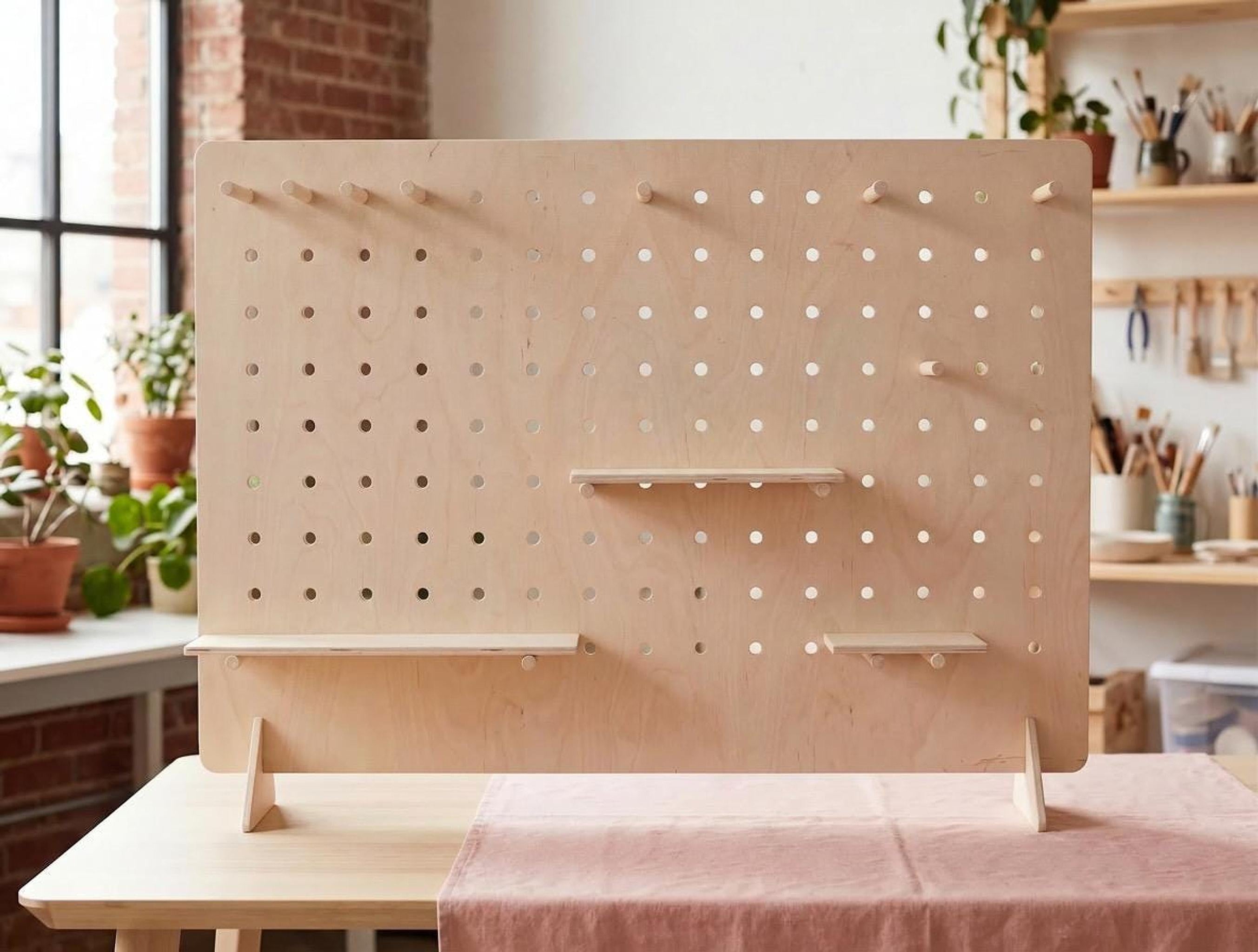 Tabletop pegboard display with pegs and shelves, alternate angle, CNC cut in our shop