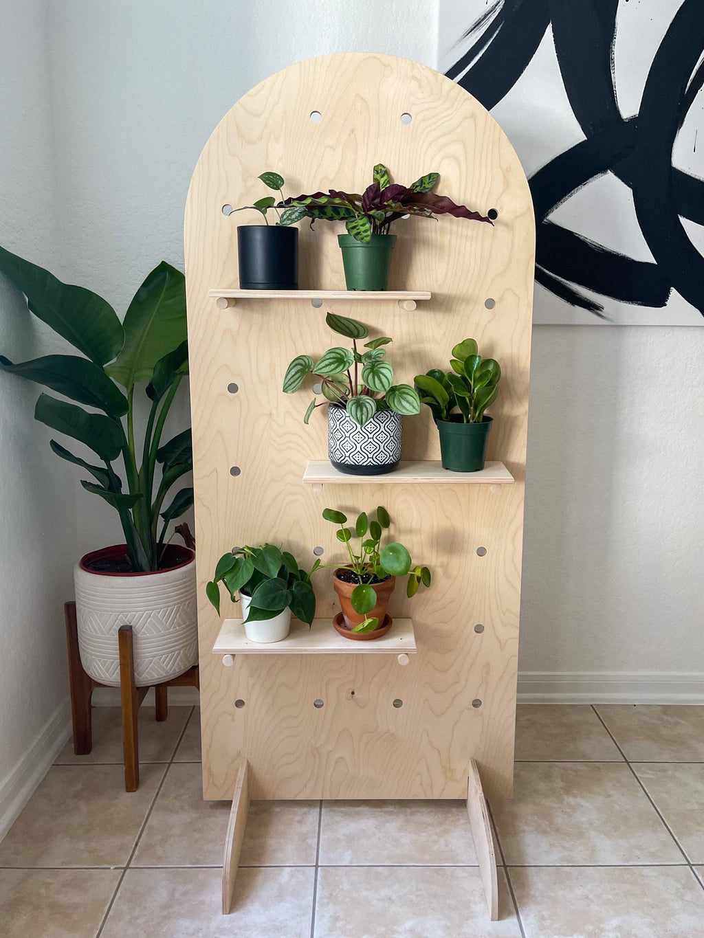 Curved top plywood pegboard fixture, side view, CNC cut in our shop