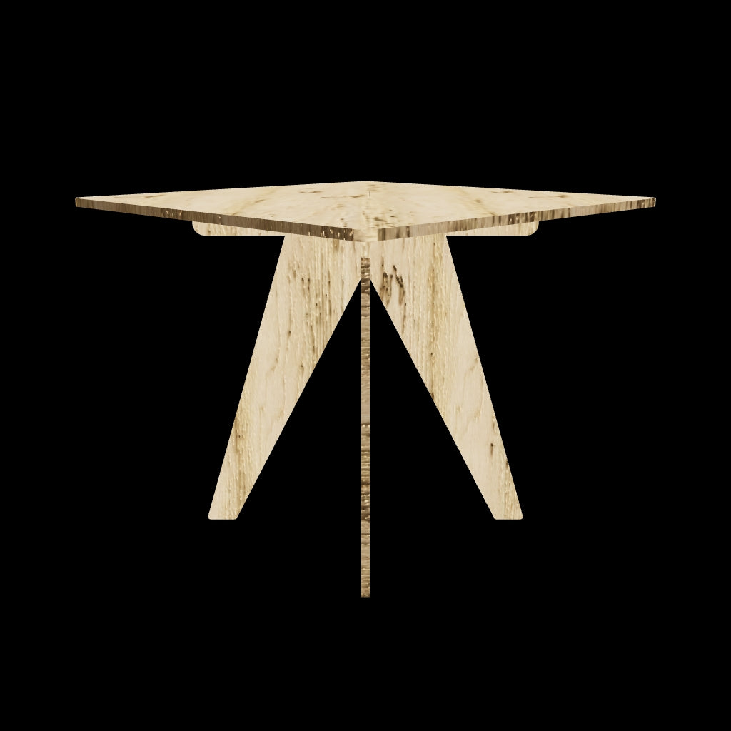 3D model of flat-pack birch plywood square table with V-shaped legs, CNC cut in our shop