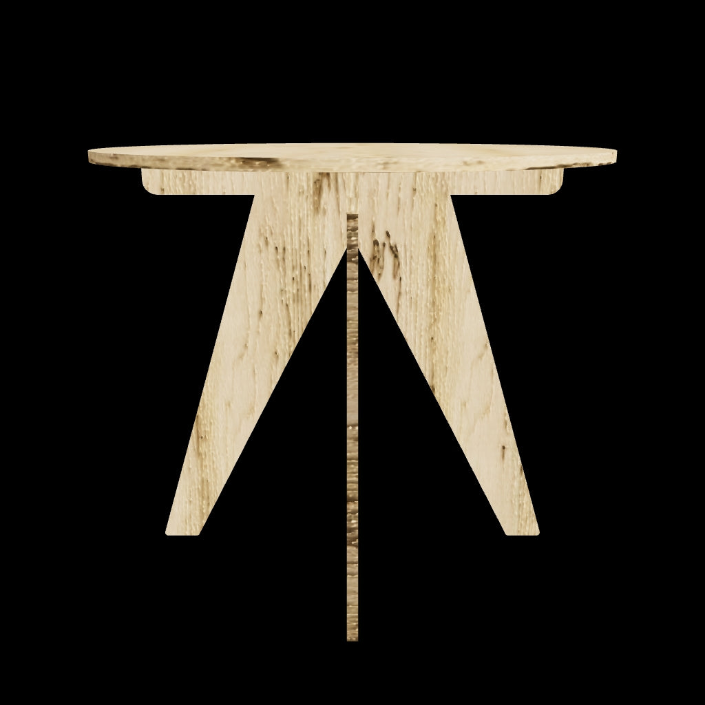 3D model of flat-pack birch plywood round table with V-shaped legs, CNC cut in our shop