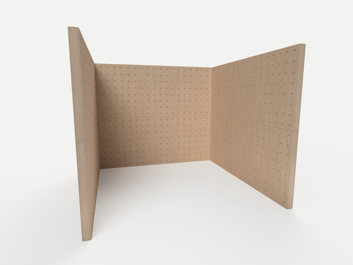 10x10 full height U-shaped birch plywood pegboard trade show booth with 8 ft walls on three sides