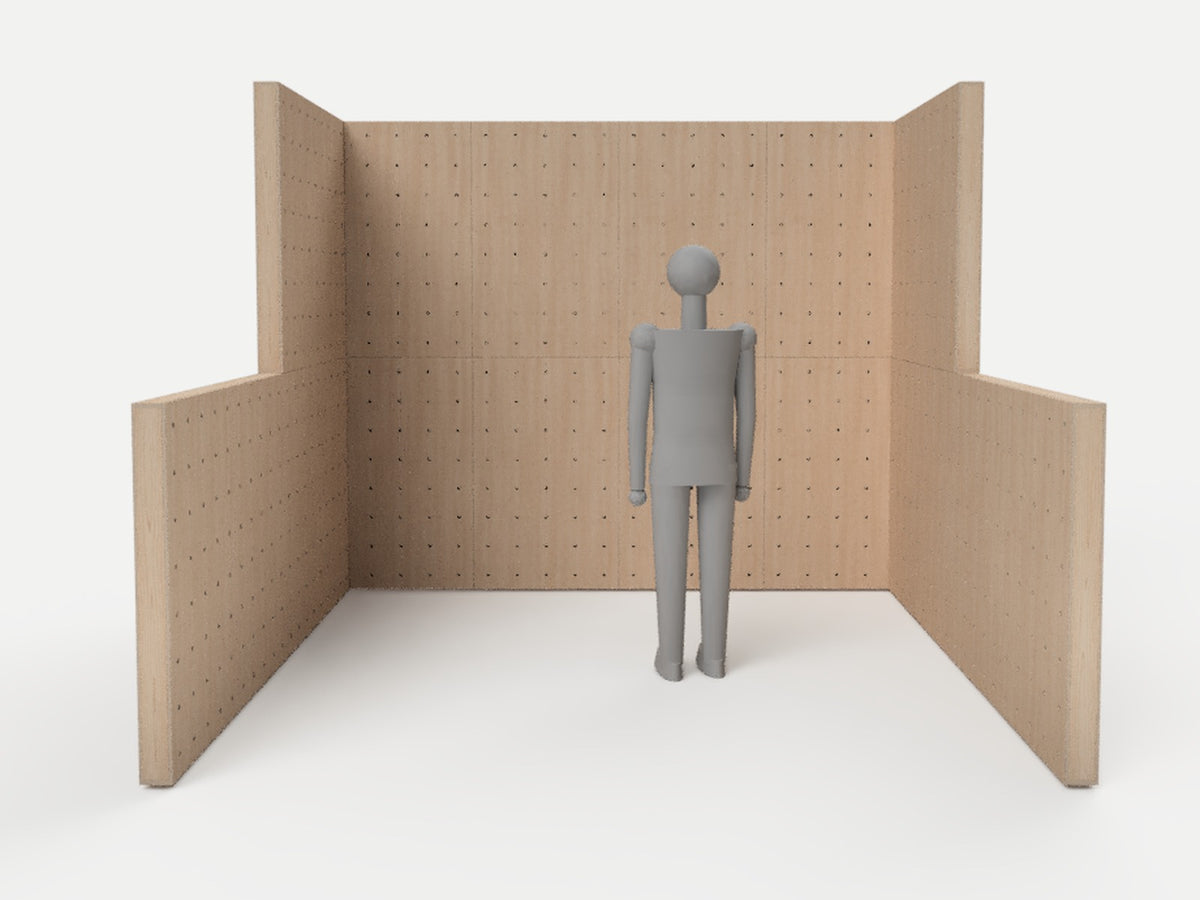 10x10 stepped pegboard booth front view with 5 ft 9 in figure for scale