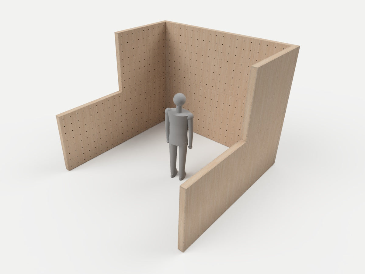 10x10 stepped pegboard booth from above showing the half walls and figure for scale