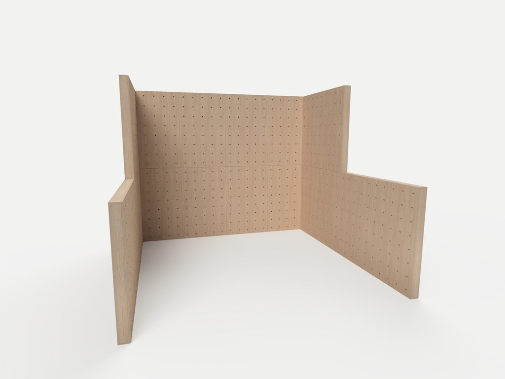 10x10 stepped U-shaped birch plywood pegboard trade show booth, 8 ft back wall stepping down to 4 ft half walls