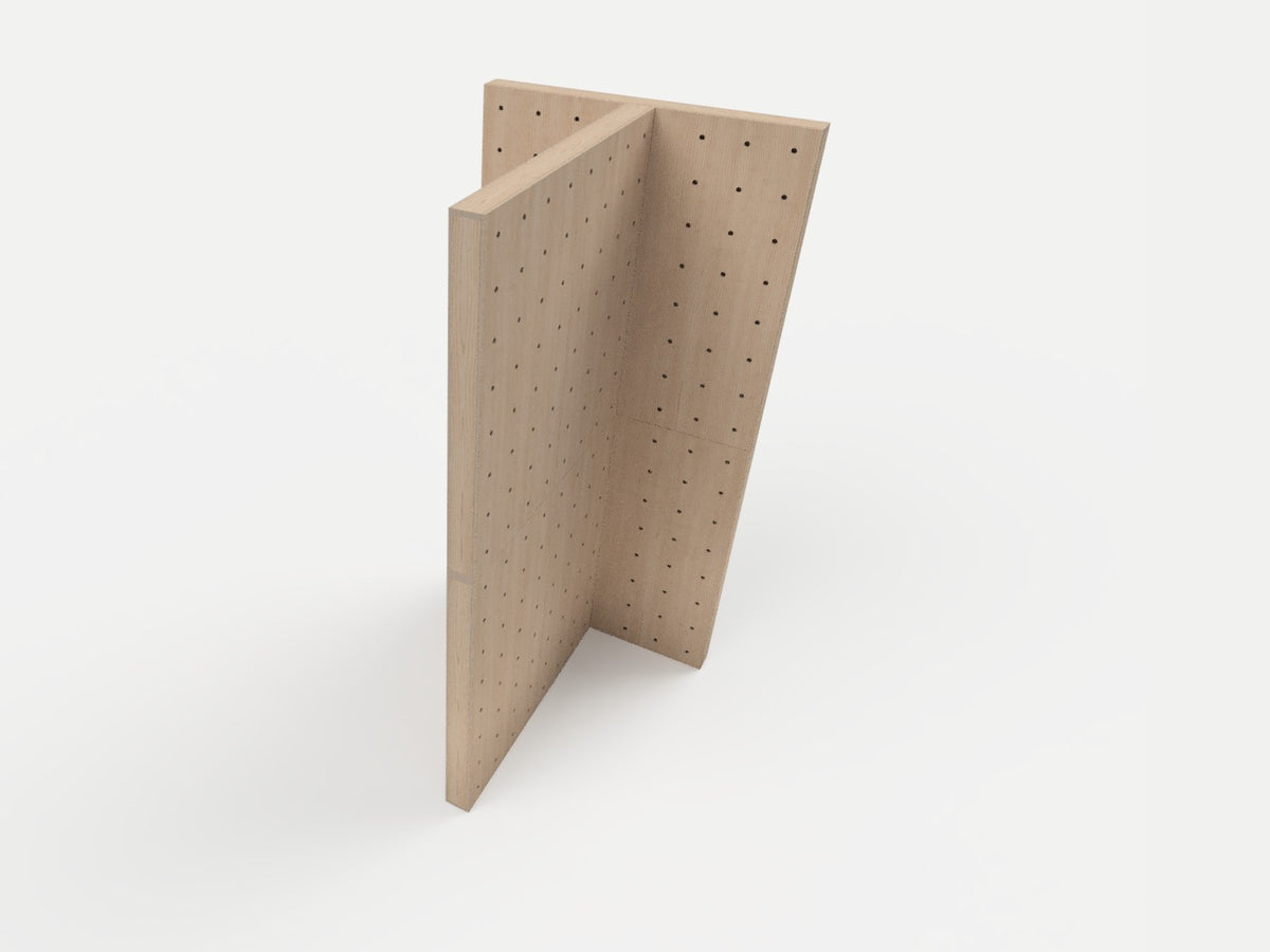 4x4 freestanding T-shaped birch plywood pegboard display tower, 8 ft tall, pegboard on all faces