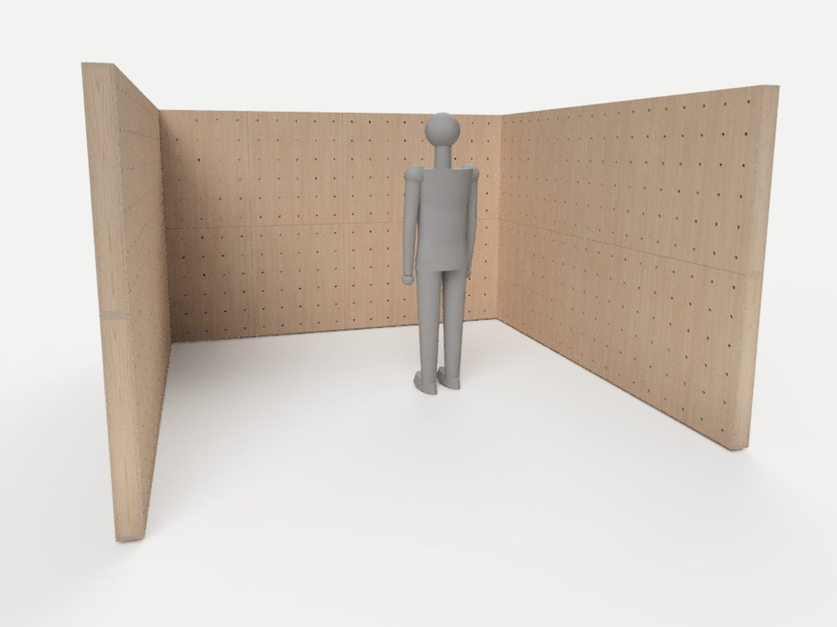 6 ft 10x10 full height U pegboard trade show booth in birch plywood