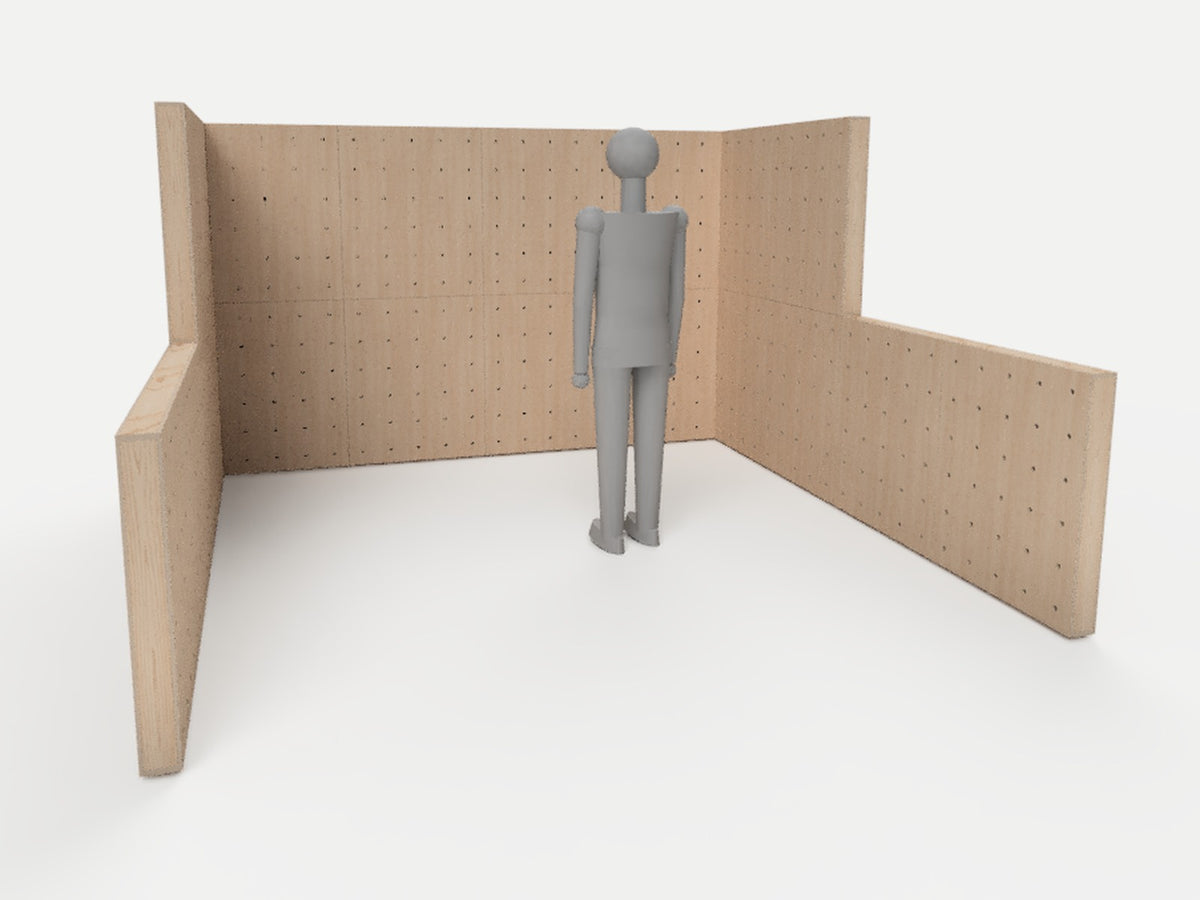 6 ft 10x10 stepped U pegboard trade show booth in birch plywood, 36 inch boxes